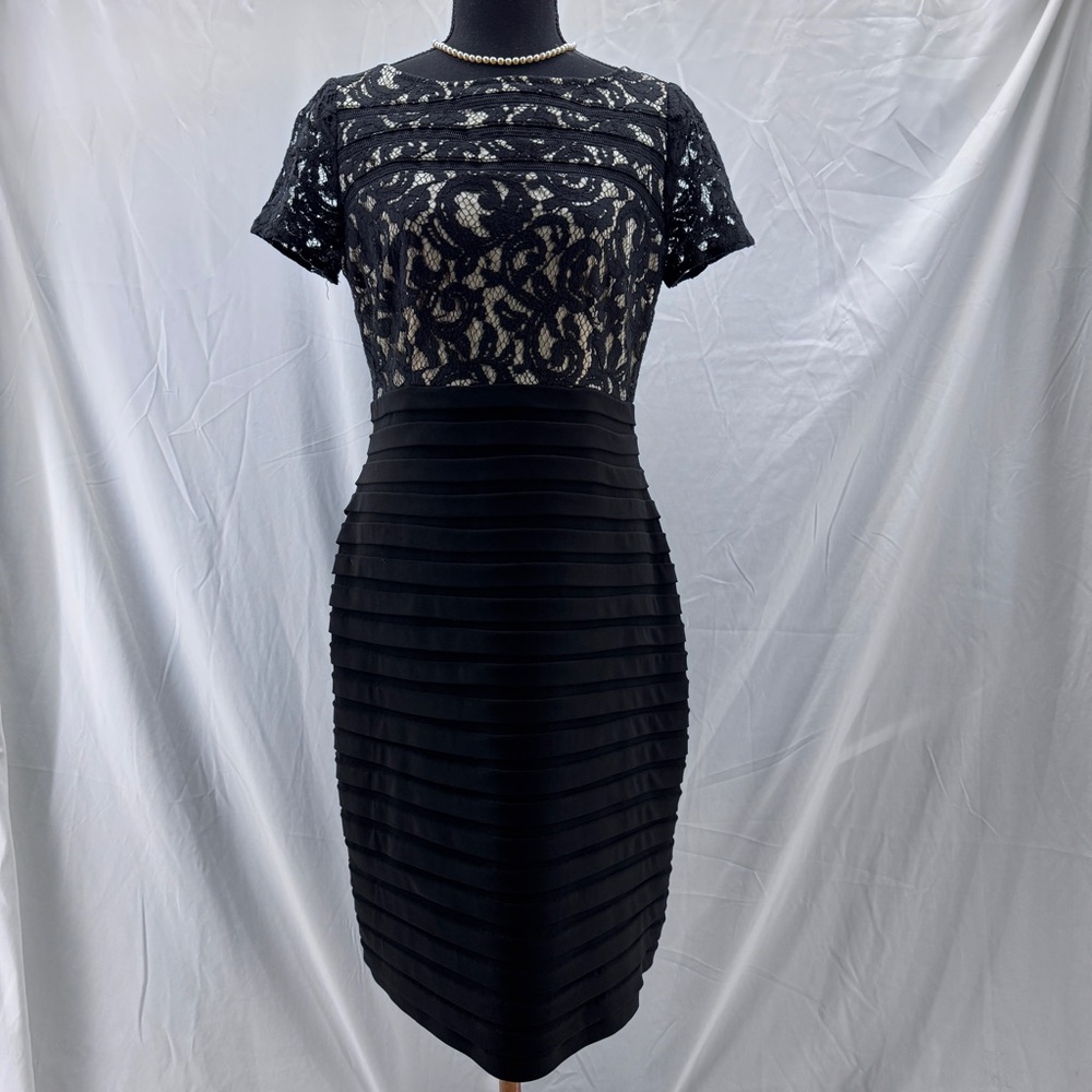 Adrianna Papell Little Black Dress Scroll Lace & Shutter Pleat Sheath Size 8